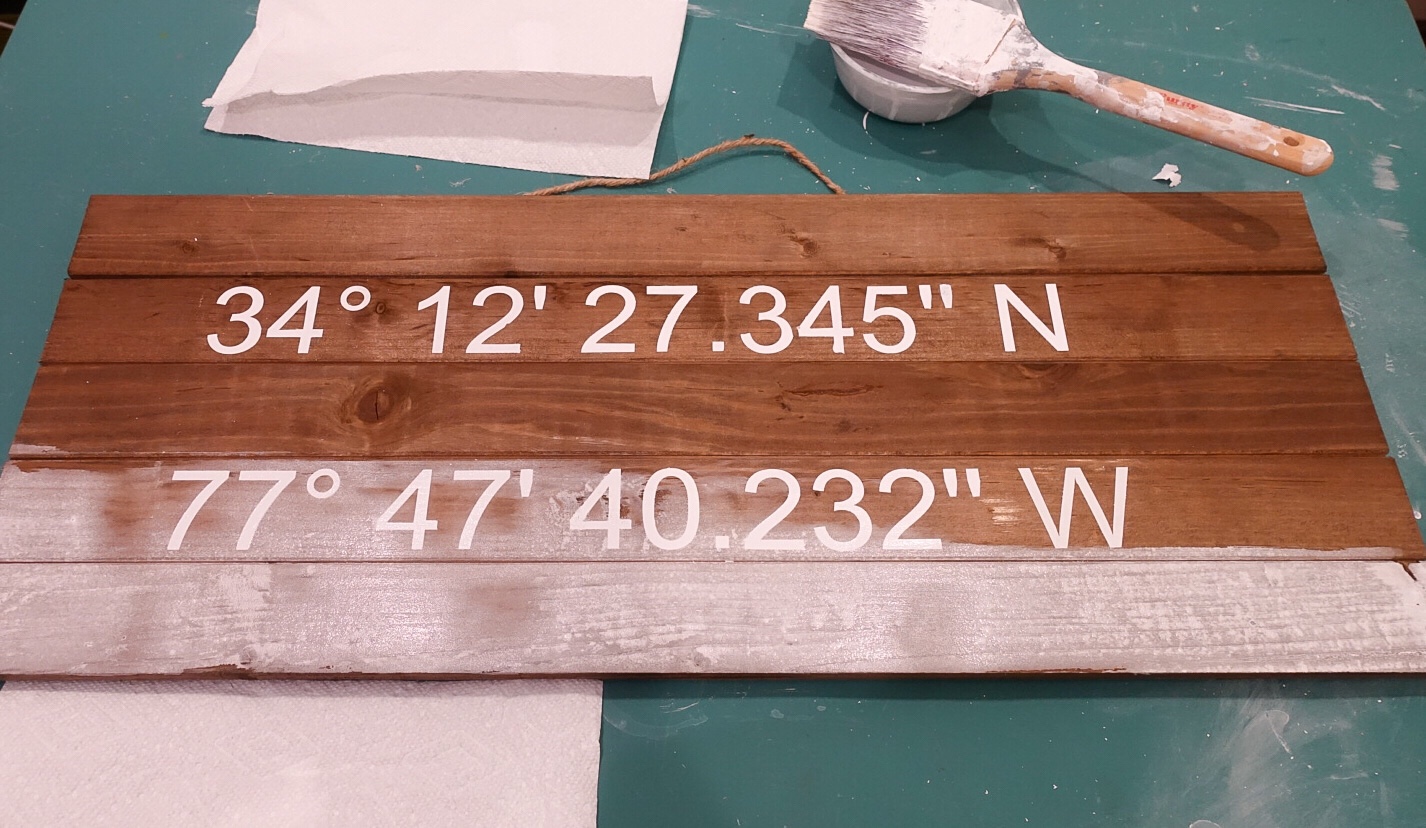 DIY GPS Coordinates Whitewashed Farmhouse Sign 