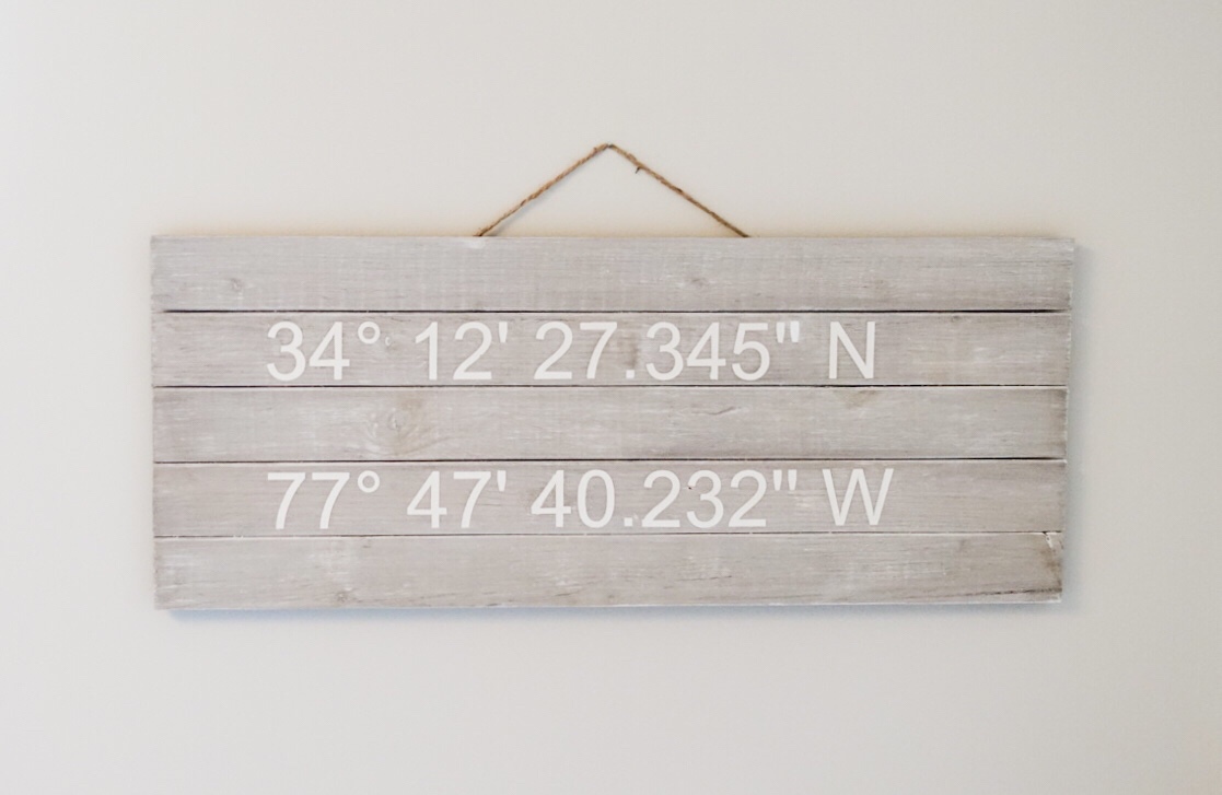 DIY GPS Coordinates Whitewashed Farmhouse Sign 