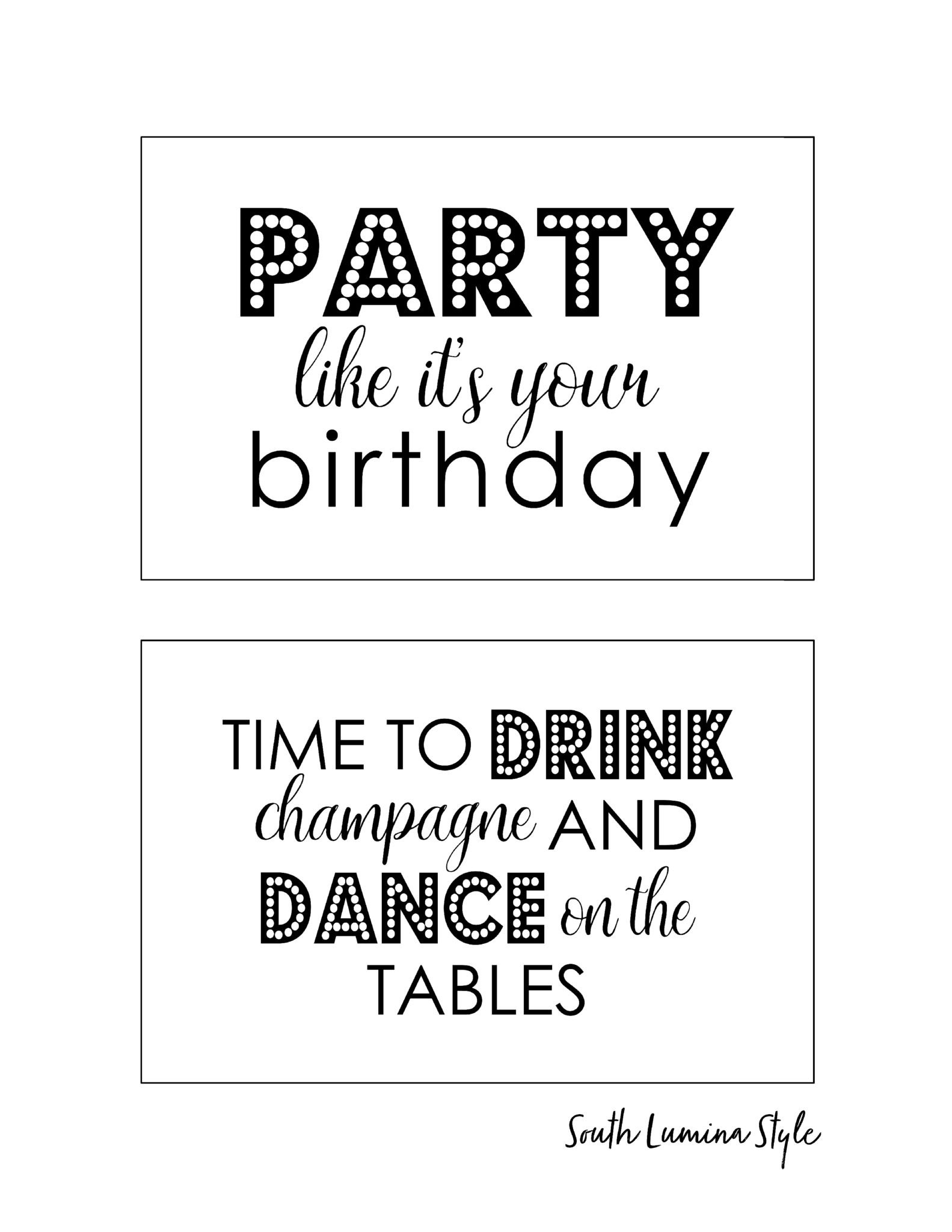 thumbnail of South Lumina Style DIY Printable Adult Birthday Signs party like it’s your birthday and drink champagne and dance on the tables