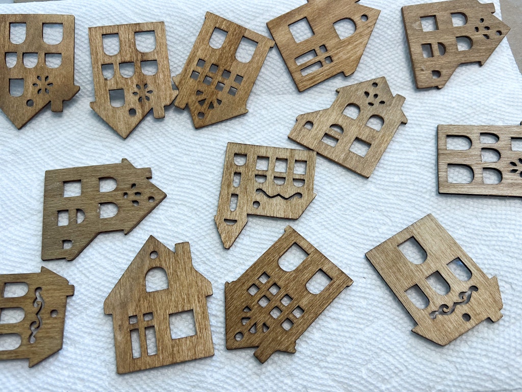 staining wood house ornaments